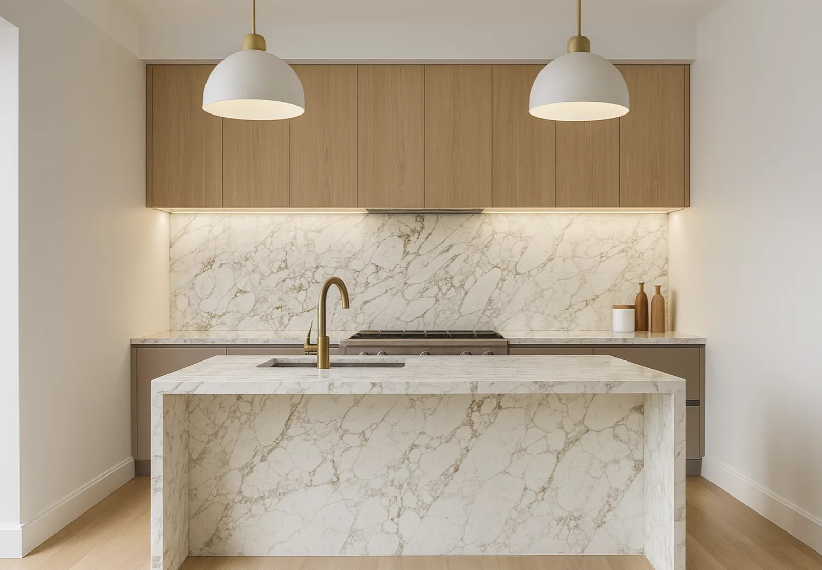 Kitchen with a full height Calacatta Vagli backsplash and matching island